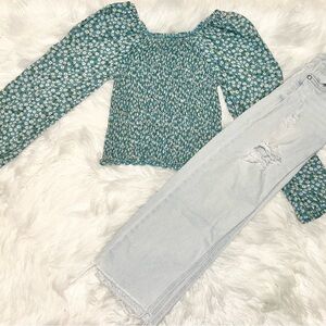 Art Class Floral Blue Smocked Long Sleeve Top
